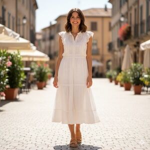 Abel The Label Sz S White Romantic Cottagecore Eyelet Ruffle Midi Dress